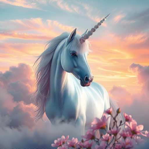 The image depicts a majestic white unicorn standing on a pink flower field with its head turned towards the camera. The background features a sky filled with clouds and hues of orange and yellow, creating a warm and dreamy atmosphere.