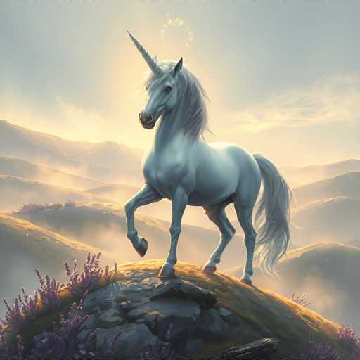 This is a detailed, computer-generated image of a majestic white unicorn standing on a rocky outcrop in a mountainous landscape. The unicorn, with its long, flowing mane and tail, is positioned centrally in the image, facing slightly to the left. Its right front leg is raised, as if mid-step, while its left front leg is planted firmly on the ground. The unicorn's horn is pointed and prominent, and its ears are perked up attentively. Surrounding the rock are vibrant purple flowers, adding a splash of color to the scene. The background features a series of rolling hills and mountains, with a sky that transitions from a grayish-blue at the top to a warm yellow near the horizon, suggesting either a sunrise or sunset. The overall atmosphere is serene and mystical, with the unicorn appearing to gaze out into the distance, perhaps contemplating the vast, misty landscape.
