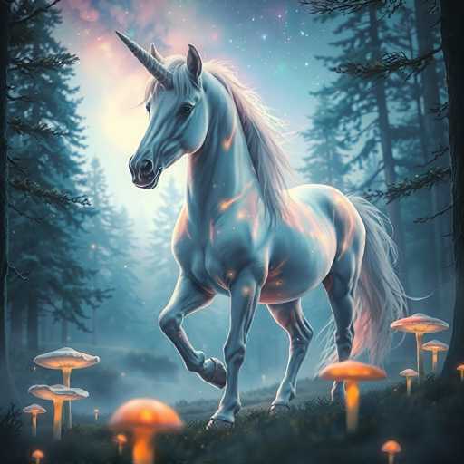 The image depicts a white unicorn with a long mane and tail galloping through a forest of tall trees on the right side of the frame. The background is filled with mushrooms scattered throughout the scene, creating an ethereal atmosphere.