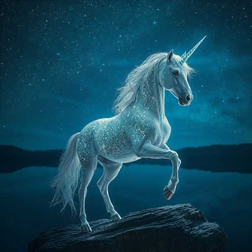 The image depicts a majestic white unicorn standing on a large, dark rock that juts out from a body of water. The unicorn's horn is a light blue color, and its mane and tail are adorned with a sprinkling of stars, giving it a magical appearance. The creature's body is covered in a dusting of white and blue sparkles, adding to its ethereal beauty. The unicorn's right front leg is raised, while its left front leg and both hind legs are firmly planted on the rock. The background features a dark blue sky filled with numerous stars, creating a serene and mystical atmosphere. The water below reflects the sky and the unicorn, adding depth to the scene. In the distance, the silhouettes of trees or hills can be seen, enhancing the enchanting and otherworldly feel of the image.