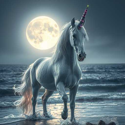 The image depicts a white unicorn with a pink horn standing on a beach at night. The unicorn is facing the camera and appears to be walking towards the ocean. In the background, there is a full moon rising over the water.