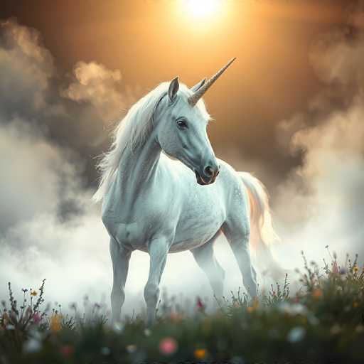 The image depicts a majestic white unicorn standing in a lush, grassy field adorned with vibrant flowers in shades of pink, yellow, and orange. The unicorn, with its long, flowing white mane and tail, is positioned facing to the right, its head slightly turned towards the viewer, showcasing its golden-brown horn that gleams in the sunlight. The creature's muscular build is accentuated by its powerful legs and a distinct hump on its back. Surrounding the unicorn is a mystical mist that rises from the ground, blending into a sky filled with clouds. The sun, partially obscured by the clouds, casts a warm, orange glow over the entire scene, enhancing the ethereal atmosphere. The unicorn's black eyes and nostrils provide a striking contrast to its pristine white coat, making it the focal point of this enchanting, fantasy-like landscape.