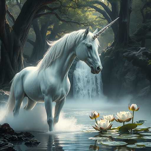 A majestic white unicorn with a flowing mane and horn stands gracefully in a tranquil forest clearing. The unicorn is partially submerged in crystal-clear water, creating a gentle mist around its legs. Lush green foliage surrounds the unicorn, with ancient trees casting dappled sunlight onto the scene. In the background, a cascading waterfall adds to the serene atmosphere. Delicate white water lilies float on the surface of the water, their petals reflecting the soft light. The overall mood is one of peace and magic, capturing a moment of ethereal beauty in nature.