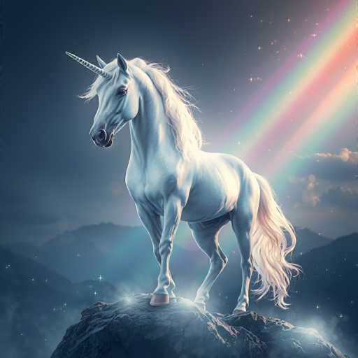 A white unicorn stands majestically on a rock formation with its mane flowing freely and tail swishing gently. The background is a dark blue sky filled with fluffy clouds, creating an ethereal atmosphere. A rainbow arches across the sky in vibrant hues of red, orange, yellow, green, blue, and purple.