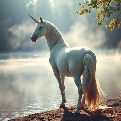 A majestic white unicorn stands gracefully at the edge of a serene lake, bathed in soft sunlight. The unicorn's coat is pure white, and its long, flowing mane and tail cascade down its body. A single, spiraling horn adorns its forehead, catching the light as it gazes towards the water. The lake's surface is calm and reflects the surrounding landscape, with a gentle mist rising from its surface. The background features a hazy forest, adding to the ethereal atmosphere of the scene.