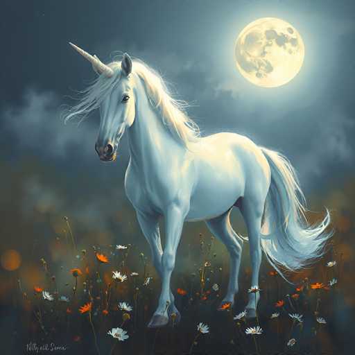 The image depicts a white unicorn standing on a field with flowers and tall grass. The background features a full moon rising over the horizon.