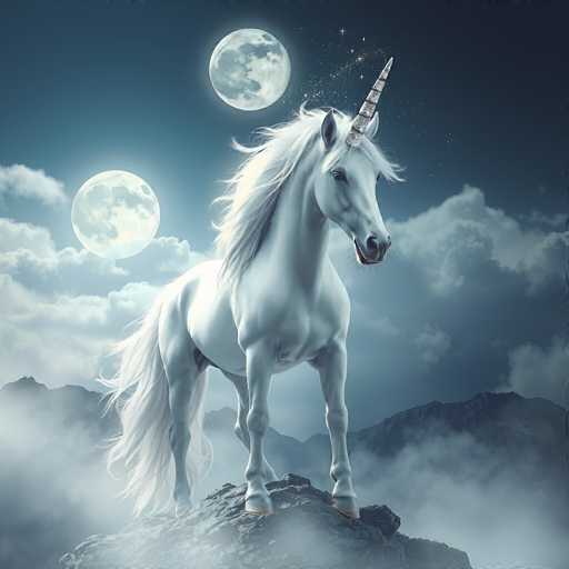 The image depicts a majestic white unicorn standing on a rocky outcrop, its front legs firmly planted on the rock while its back legs are slightly bent. The unicorn's long, flowing mane and tail cascade down its body, and its silver, sparkly horn gleams in the night. Its ears are perked up, and its mouth is slightly open, revealing a hint of pink inside. The background features a dark, starry sky with two full moons—one positioned directly above the unicorn's head and the other to its left. The scene is enveloped in a misty fog, with mountains faintly visible in the distance. The overall atmosphere is serene and mystical, with the unicorn appearing to gaze thoughtfully into the distance.