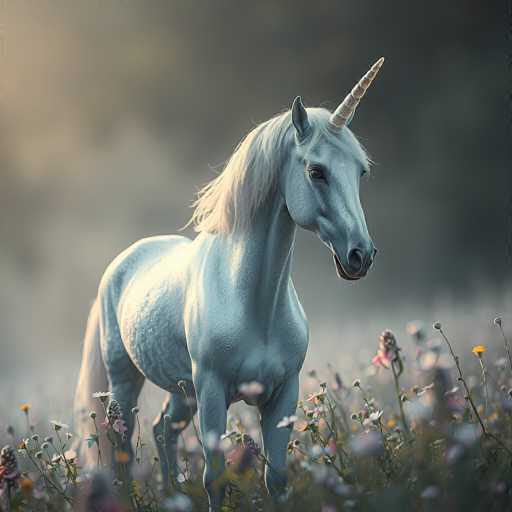 This image features a striking, computer-generated unicorn standing in a lush field of wildflowers. The unicorn, predominantly white with a bluish tint, has a long, flowing mane and a prominent, spiraled golden horn protruding from its forehead. Its muscular body is adorned with glistening water droplets, adding to its ethereal appearance. The unicorn's head is turned to the right, showcasing its expressive black eyes and a black nose. The background is a soft, blurred mix of gray and white, with hints of sunlight filtering through, creating a dreamy atmosphere. The field is filled with a variety of wildflowers, including white daisies, pink and purple blooms, and yellow flowers, all set against a backdrop of green grass. The overall scene is serene and enchanting, with the unicorn appearing almost lifelike despite its digital origins.