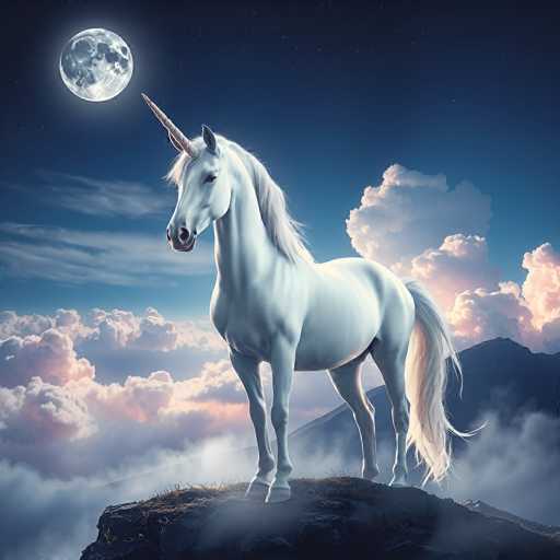 This image depicts a majestic white unicorn standing on a rocky outcrop, surrounded by a surreal, dreamlike landscape. The unicorn, with its long flowing mane and tail, and a prominent golden horn protruding from its forehead, gazes thoughtfully to the left. The scene is set against a backdrop of a deep blue sky adorned with wispy clouds tinged with pink and purple hues, suggesting either dawn or dusk. A large, luminous moon hangs in the upper left corner, casting a soft glow over the entire scene. Below the unicorn, the rocky terrain is dotted with patches of grass, adding a touch of earthiness to the ethereal setting. The overall composition evokes a sense of wonder and tranquility, blending elements of fantasy with a serene natural environment.