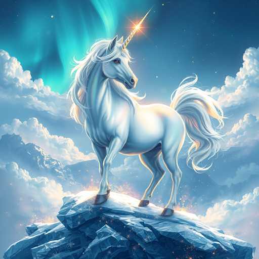 The image depicts a white unicorn standing on a rocky cliff against a backdrop of a blue sky with clouds and stars. The unicorn is facing the camera directly, giving a clear view of its majestic presence.