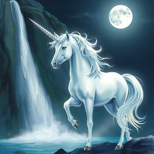 The image depicts a white unicorn standing on rocks next to a waterfall. The unicorn is facing the camera and appears to be looking directly at it. The background features a dark blue sky with a full moon visible in the top right corner of the image.