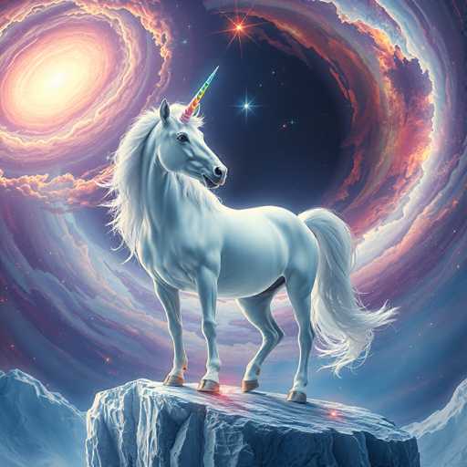 A majestic white unicorn with a spiraling rainbow horn stands proudly on a jagged, icy rock amidst a swirling, vibrant cosmic nebula. The unicorn's flowing mane and tail cascade around it, while the background features a breathtaking view of a distant galaxy with swirling pink and purple clouds. The art style is fantastical, emphasizing ethereal lighting and dreamlike colors.