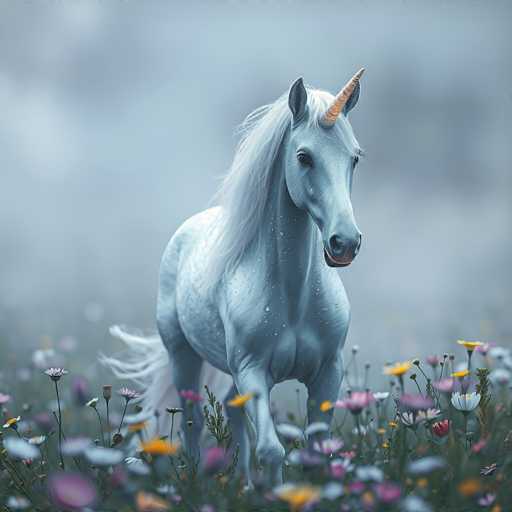 A majestic, ethereal white unicorn with a spiraling silver horn stands amidst a vibrant field of colorful wildflowers. The unicorn is positioned centrally, facing slightly to the right, with its flowing mane and tail catching the soft light. The background is a hazy, muted blue-grey, creating a dreamlike atmosphere. The art style leans towards fantasy illustration with a focus on soft lighting and gentle textures, emphasizing the unicorn's grace and magical presence.