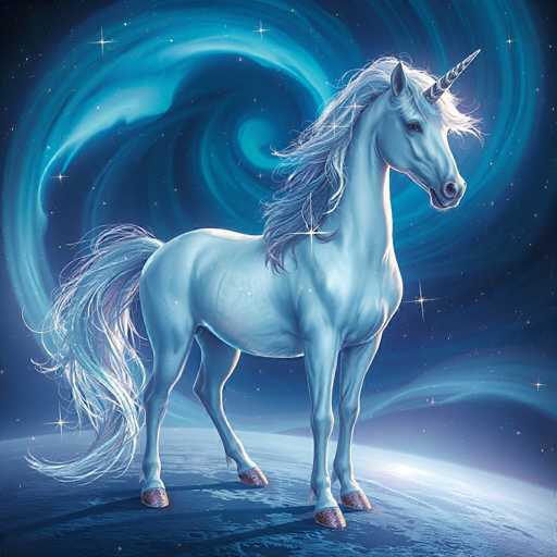 The image depicts a detailed, computer-generated illustration of a white unicorn standing on a dark blue, cratered surface that resembles the moon. The unicorn, with its long, flowing white mane and tail, has a distinctive spiral horn on its forehead. Its hooves are a striking gold color. The background features a mesmerizing swirl of blue and white lights, reminiscent of the northern lights, with numerous stars scattered across the dark blue sky. The scene is illuminated by a bright light source, possibly the sun, shining from the right side of the image. The overall composition is square, with the unicorn positioned centrally, creating a captivating and ethereal atmosphere.