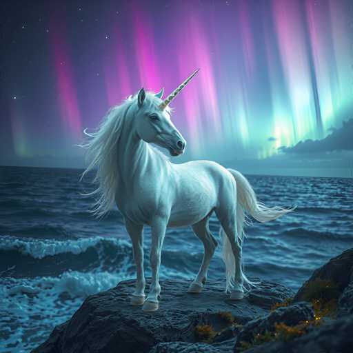 A white unicorn stands majestically on a rock by the ocean, its mane flowing freely and its horn pointing upwards towards the sky. The backdrop is a breathtaking display of the Northern Lights, with hues of purple and green dancing across the night sky.