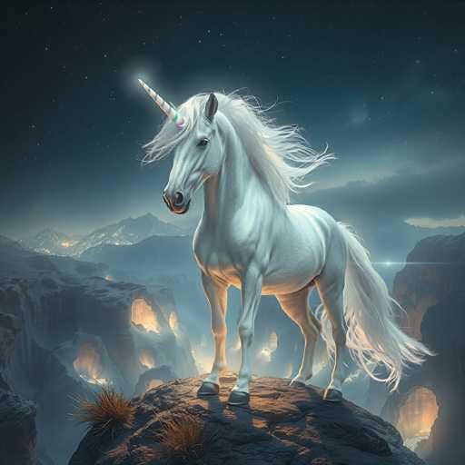 The image depicts a majestic white unicorn standing on a rocky outcrop in a dark, starry night sky. The unicorn's horn is adorned with vibrant stripes of blue, pink, yellow, and white, and it has a flowing mane and tail. Its hooves are black, and it has a black nose. The background features a range of mountains with glowing lights emanating from their crevices, creating a mystical atmosphere. The scene is further enhanced by the presence of two brown bushes on the rock where the unicorn stands. The overall composition is a detailed and enchanting portrayal of a mythical creature in a serene, otherworldly landscape.