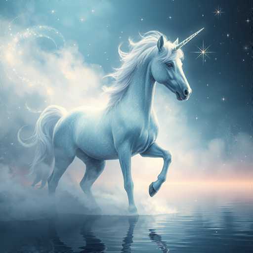 The image depicts a majestic unicorn standing in a body of water, with its right front leg raised as if in mid-step. The unicorn's coat is a striking blend of white and light blue, with a particularly bright white mane and tail. Its horn is a light blue, complementing the overall ethereal appearance. The unicorn's eyes are a deep black, and its nose is a subtle gray. Surrounding the unicorn, the water is a dark blue, transitioning to a lighter blue near the horizon. The sky above is a gradient of light blue, adorned with numerous stars, including a notably large star to the right of the unicorn's head. To the left, a crescent moon is partially visible, adding to the mystical atmosphere. The scene is further enhanced by wisps of white smoke or clouds that swirl around the unicorn, creating a dreamlike quality. The unicorn's reflection shimmers in the water below, completing this enchanting and serene tableau.