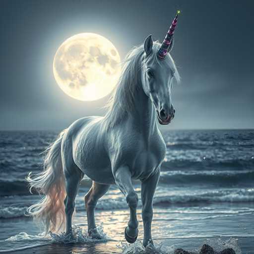A majestic white unicorn with a sparkling rainbow horn stands on a sandy beach as waves gently lap at its hooves. The unicorn's flowing mane and tail cascade down, catching the soft light of a full moon that illuminates the scene. The background is a dark, moody sky with subtle hints of purple and blue, creating a magical and ethereal atmosphere. The unicorn's eyes are gentle and serene, gazing out at the vast ocean.