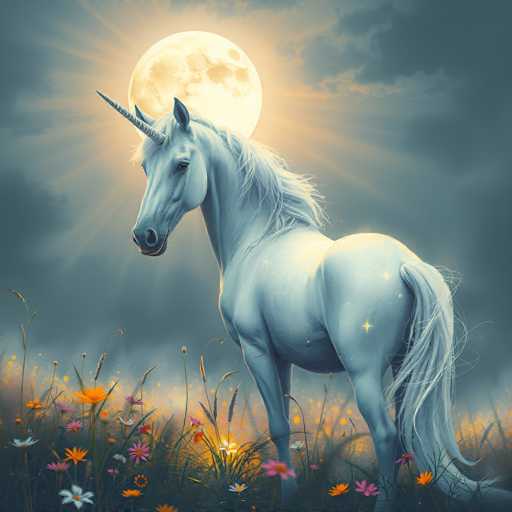 The image depicts a white unicorn standing in a field with yellow flowers and tall grass. The background features a dark blue sky with a full moon shining brightly.