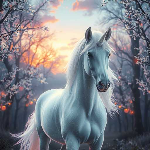 The image depicts a majestic white unicorn standing in a serene forest at sunset. The unicorn, with its flowing white mane and tail, and a prominent horn on its forehead, gazes directly at the viewer. Its muscular build and graceful posture are highlighted by the soft, warm light of the setting sun. The background features a dense array of trees, some adorned with white flowers and others with glowing orange fruits, creating a magical atmosphere. The sky is a beautiful blend of blue and orange hues, with clouds tinged in pink and orange, adding to the enchanting scene. The overall composition exudes a sense of tranquility and wonder, capturing the mythical essence of the unicorn in a picturesque natural setting.