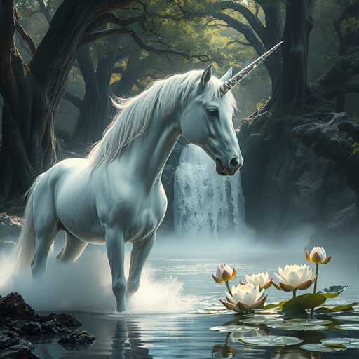 A white unicorn with a long mane and tail is walking towards a waterfall in the middle of a forest. The unicorn's reflection can be seen on the water below it. The background features trees and bushes, creating a sense of depth and distance.