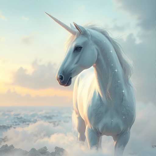 The image depicts a majestic white unicorn standing in a misty, ethereal landscape. The unicorn's body is adorned with sparkling stars, giving it a magical and otherworldly appearance. Its mane and tail flow gracefully in the wind, adding to its ethereal beauty. The creature's large, expressive eyes and long, pointed nose are striking features that capture attention. The unicorn stands on a rocky outcrop, surrounded by swirling mist that creates an atmosphere of mystery and enchantment. The background features a soft blue sky with scattered clouds, enhancing the dreamlike quality of the scene. This captivating portrayal of a mythical beast in a mystical setting evokes a sense of wonder and fantasy, inviting viewers to immerse themselves in the magical world depicted.