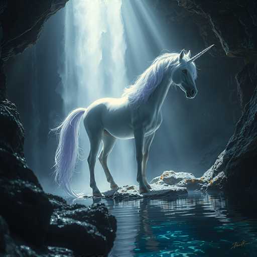 The image depicts a majestic white unicorn standing in a serene cave. The unicorn's long, flowing mane and tail are a delicate light purple, contrasting beautifully with its pristine white coat. Its horn is long and pointed, adding to its ethereal appearance. The cave is illuminated by a soft light filtering through a small opening at the top, casting a gentle glow on the unicorn and creating a mystical atmosphere. The unicorn stands on a small island surrounded by water, with rocky formations rising from the cave's floor. The overall scene exudes tranquility and wonder, capturing the essence of this mythical creature in its natural habitat.