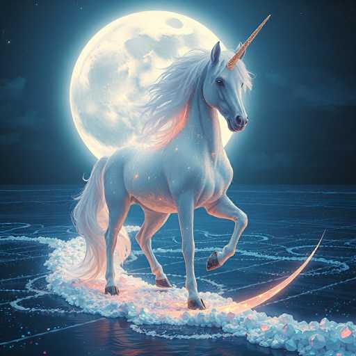 This is a detailed, computer-generated image of a majestic white unicorn with a golden horn, standing on a frozen lake at night. The unicorn, adorned with a flowing white mane and tail, is captured in a dynamic pose with its front right leg raised, as if in mid-gallop. Its body is speckled with golden and pink hues, adding a magical touch to its appearance. The unicorn's hooves are black, and its eyes are a deep black. Surrounding the unicorn is a trail of white bubbles, seemingly emanating from its hooves, creating a path on the ice. The background features a large, luminous full moon with a glowing halo, set against a dark blue sky dotted with stars. The scene is further enhanced by the reflection of the moonlight on the ice, adding to the enchanting atmosphere.