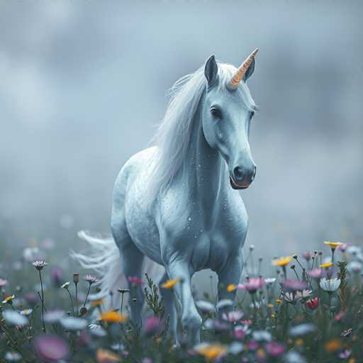 A white unicorn with a long mane and tail is walking through a field of purple flowers. The background is a light blue sky filled with clouds.
