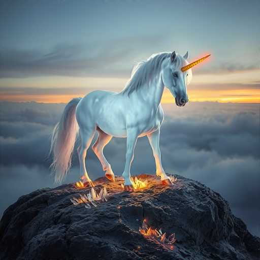 The image depicts a majestic white unicorn standing on a rugged, dark gray rock formation that juts out from the clouds. The unicorn's long, flowing mane and tail are a striking blend of white and gray, with the tail appearing almost translucent. Its golden horn, adorned with a hint of red at the tip, gleams brightly. The unicorn's hooves are surrounded by flames, casting an ethereal glow on the rocky surface. The background features a stunning sunset, with a gradient of colors from deep blue at the top to vibrant orange and yellow near the horizon, interspersed with wispy clouds. The overall scene exudes a mystical and enchanting atmosphere, with the unicorn's presence adding a touch of magic to the serene landscape.