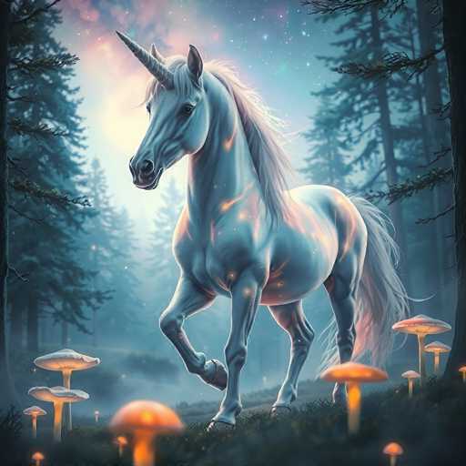 A majestic white unicorn with a flowing, iridescent mane and tail is gracefully trotting through an enchanted forest. The unicorn's coat shimmers with a soft, ethereal glow, and its horn is spiraling with subtle light. The forest floor is covered in soft moss and glowing, bioluminescent mushrooms of various sizes and colors. Tall, slender pine trees stand on either side, their branches adorned with sparkling, magical particles. The background is a soft blend of deep blues and purples, suggesting a twilight or mystical atmosphere. The overall scene is one of serene magic and wonder, bathed in a gentle, otherworldly light.