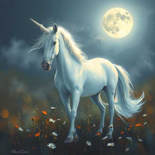 A majestic white unicorn with a flowing mane and horn stands in a field of wildflowers under a full, luminous moon. The unicorn is positioned centrally, facing slightly to the left, with its mane and tail dramatically flowing in a gentle breeze. The wildflowers are a mix of orange and white, creating a soft, dreamlike ground. The overall style is painterly and ethereal, with a focus on soft lighting and atmospheric depth.