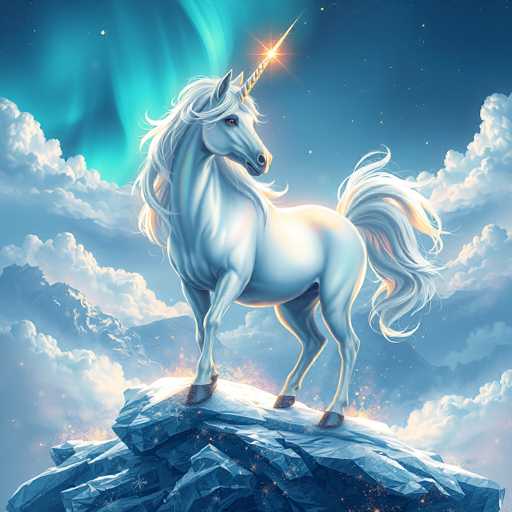 The image depicts a majestic white unicorn standing on a jagged, crystal-like rock formation. The unicorn, with its long, flowing mane and tail, is positioned in a side profile, facing to the right. Its golden horn, adorned with a radiant star at the tip, gleams brightly. The creature's hooves are black, and its eyes are a striking blue. Surrounding the unicorn is a mystical, ethereal atmosphere with a sky painted in hues of blue and green, reminiscent of the northern lights. Clouds frame the scene on both sides, while a mountain range can be seen in the background. The overall composition exudes a sense of fantasy and wonder, with the unicorn appearing to be the central focus of this enchanting, otherworldly landscape.
