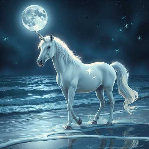 The image depicts a majestic white unicorn standing on a beach at night, with the moon positioned directly above its horn. The scene is illuminated by the moonlight, which casts a soft glow on the unicorn's flowing mane and tail, making them appear almost ethereal. The unicorn's horn is pointed and slightly curved, adding to its mystical appearance. Its hooves are black, and its eyes are a deep black, giving it an intense gaze. The background features a dark blue sky filled with stars, creating a serene and magical atmosphere. The unicorn stands on wet sand, with the waves gently lapping around its legs, and the moonlight reflects off the water, enhancing the enchanting ambiance of the scene.