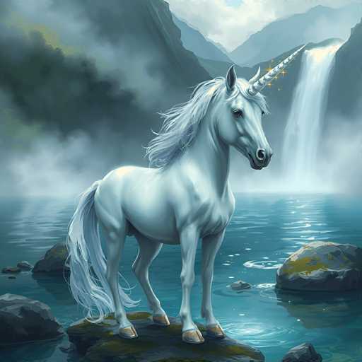 This detailed fantasy painting depicts a majestic white unicorn standing on a moss-covered rock in the middle of a serene lake. The unicorn, with its long flowing mane and tail, is facing to the right, showcasing its golden hooves and a spiral horn adorned with yellow stars. The scene is set against a backdrop of towering, dark gray mountains shrouded in mist, with a prominent waterfall cascading down the right side of the image. The water below is a deep blue, reflecting the surrounding landscape and dotted with large boulders. The sky above is filled with clouds, adding to the mystical atmosphere of the painting. The overall color palette is dominated by shades of blue, gray, and white, with the unicorn and its golden accents providing a striking contrast.