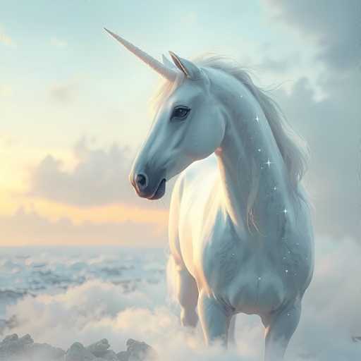 A white unicorn with a long mane and tail is standing on the right side of the image against a backdrop of a cloudy sky. The unicorn's head is slightly tilted to the left as it faces towards the viewer.