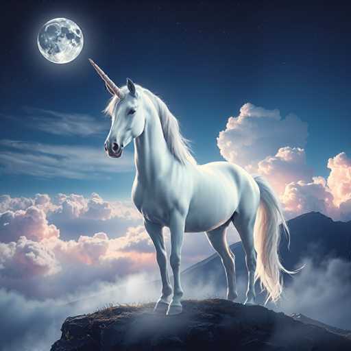 A white unicorn stands majestically on a cliff overlooking a breathtaking view of the night sky and a full moon. The unicorn's mane flows freely as it faces towards the right side of the image. The background is filled with clouds that mirror the color of the unicorn's mane, creating a harmonious blend between the natural elements in the scene.