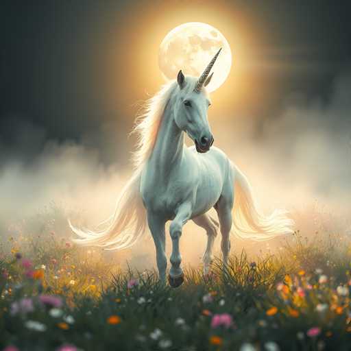This detailed digital illustration depicts a majestic white unicorn standing in a lush, grassy field adorned with vibrant flowers in shades of pink, orange, yellow, and white. The unicorn, with its flowing mane and tail, is captured in a dynamic pose, its front left leg raised as if in mid-step. Its long, spiraled horn points towards the top right corner of the image, while its expressive black eyes and nose add a touch of realism. The background features a dark, cloudy sky with a large, glowing full moon that casts a radiant yellow light, creating a mystical atmosphere. The scene is further enhanced by a misty fog that envelops the lower portion of the image, adding depth and a sense of enchantment to the overall composition.