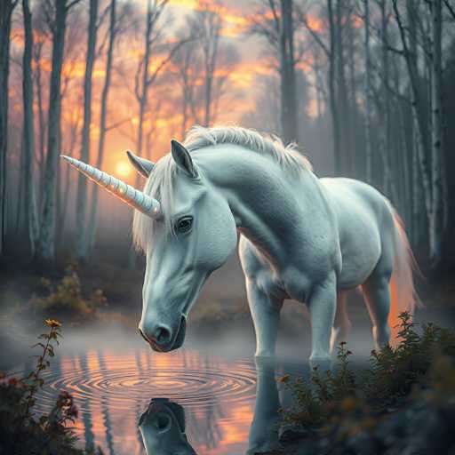 The image depicts a highly detailed, computer-generated unicorn standing in a small, circular pond at the center of a foggy forest. The unicorn, with its white and gray fur, features a prominent, glowing yellow and orange horn that extends from its forehead to the tip. Its mane and tail are a mix of white and gray, with the tail glowing orange at the end. The unicorn's head is slightly tilted downward, gazing into the water, which creates ripples around its nose. The surrounding forest is filled with tall, leafless trees, their gray trunks stretching upwards. The sky above is a blend of orange and blue hues, suggesting either a sunrise or sunset. The misty atmosphere adds a mystical quality to the scene, with the unicorn's reflection shimmering in the pond's surface.