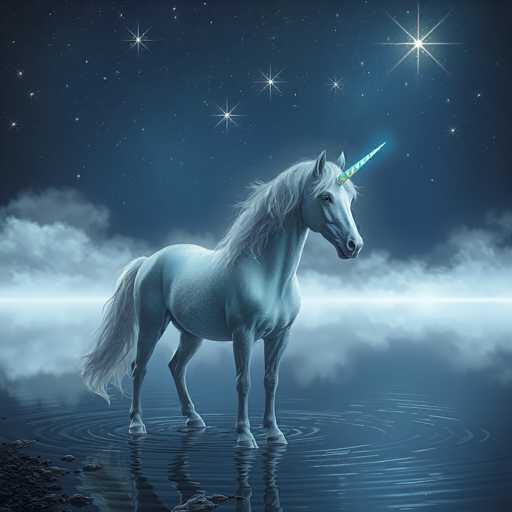 The image depicts a majestic unicorn standing in a shallow, dark blue body of water. The unicorn, with its long white mane and tail, is facing to the right, showcasing its light blue and yellow striped horn that glows with a neon blue hue. The creature's body is a mix of white and light blue, with a slightly darker blue tint on its legs. The water beneath the unicorn is rippling, reflecting its image, and there are small ripples around its hooves. In the bottom left corner, there is a dark gray rock or piece of land. The background features a dark blue sky filled with numerous stars, some shining brightly with white lines extending from them. Below the sky, a layer of white clouds stretches across the horizon, adding to the ethereal atmosphere of the scene.