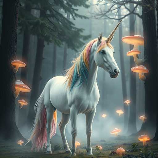 This is a detailed, computer-generated image of a white unicorn standing in the center of a foggy, dark forest. The unicorn, with a golden horn on its forehead, has a flowing mane and tail that are a mix of pink, orange, yellow, and blue. The mane cascades down its neck, while the tail drapes to the ground. Surrounding the unicorn are numerous glowing mushrooms, primarily orange with some pink, scattered around the trees and on the ground. The forest is dense with tall, dark trees, and the fog adds a mystical atmosphere to the scene. The unicorn's head is turned to the right, and it appears to be gazing into the distance. The overall color palette includes shades of white, pink, orange, yellow, blue, green, and black, enhancing the enchanting and ethereal quality of the image.