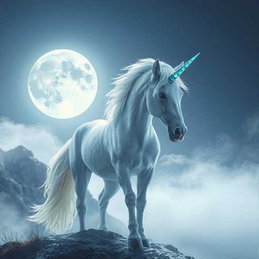 The image depicts a majestic white unicorn standing on a rocky outcrop, facing to the right. Its most striking feature is a large, glowing blue horn that extends from its forehead, tapering to a sharp point. The unicorn's mane and tail are also white, with the tail appearing slightly more yellowish. Its hooves are black, and its eyes are a deep black. The background showcases a dark blue night sky with a large, luminous moon to the left of the unicorn, surrounded by a glowing halo. Below the moon, there are wispy clouds and a mountain range on the left side of the image. The scene is serene and mystical, with the unicorn's gaze directed slightly downward, adding to its ethereal presence.
