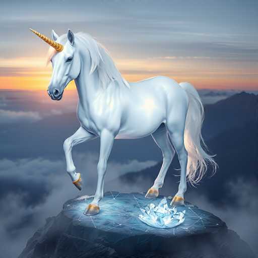 The image depicts a majestic white unicorn with a golden horn, standing on a flat, circular rock that appears to be floating in the sky. The unicorn's body is oriented to the left, with its head slightly turned towards the viewer, showcasing its expressive eyes and long, flowing mane and tail. The horn, which is slightly curved, adds to the creature's ethereal appearance. The rock beneath the unicorn is adorned with a pattern of white lines and features a glowing, crystal-like formation in the bottom right corner. The background reveals a stunning sunset, with a gradient of colors from deep blue at the top to vibrant orange and yellow near the horizon, interspersed with clouds. Below the rock, the sky transitions into a darker blue, with hints of mountainous terrain visible in the distance. The overall scene exudes a mystical and serene atmosphere, with the unicorn's golden hooves and horn contrasting beautifully against the soft, pastel hues of the sky.