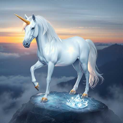 The image depicts a white unicorn standing on a rock with its head turned towards the camera. The background features a sky filled with clouds and mountains, creating a serene and majestic atmosphere.