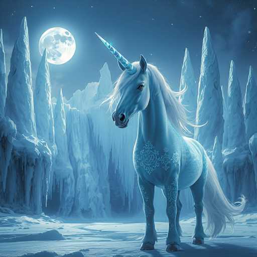 A majestic, ethereal blue unicorn stands in a serene, icy winter landscape under the light of a full moon. The unicorn has a long, flowing white mane and tail, and its horn is a vibrant turquoise. It's adorned with intricate silver snowflake patterns on its body, and the scene is bathed in a soft, cool blue light. The background features towering ice formations, sparkling snowflakes, and a starry night sky.