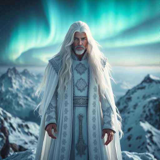 The image depicts a striking figure, possibly a god or a wizard, standing on a snowy mountaintop. The man has long, flowing white hair that cascades down to his waist, complemented by a white beard and mustache. His skin is tanned, and he has a stern, focused expression as he gazes slightly to the right. He is adorned in an elaborate white robe with intricate blue embroidery, featuring a central design resembling a sword or scepter. The robe is fastened with a silver belt and has long sleeves with floral patterns. Behind him, the night sky is illuminated by the ethereal glow of the Northern Lights, casting a soft blue-green hue over the scene. The background is filled with snow-covered mountains, adding to the mystical and serene atmosphere of the image.