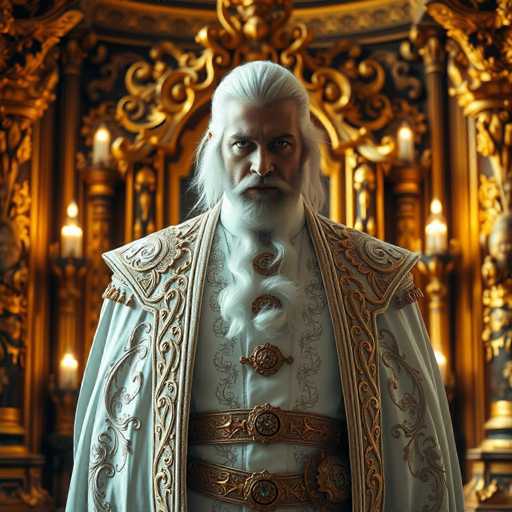 This image features a striking, AI-generated depiction of a man who appears to be a character from a fantasy realm. The man has long, white hair that is pulled back, with some strands cascading down the sides of his face. His facial hair includes a white mustache and a beard, with an additional tuft of hair that extends from his chin, curling slightly at the ends. He is dressed in a white robe adorned with intricate gold embroidery, and a wide belt with a prominent buckle cinches his waist. The background is a rich tapestry of gold, embellished with ornate designs and illuminated by numerous candles, enhancing the regal and mystical atmosphere of the scene.