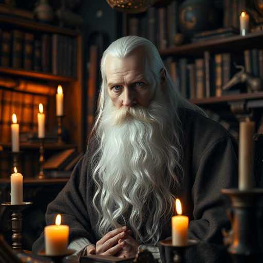 In this captivating image, we see an elderly man with a strikingly long and wavy white beard that cascades down to his chest. His hair, also white and equally wavy, flows past his shoulders. The man's piercing blue eyes gaze directly at the camera, exuding a sense of wisdom and intensity. He is seated in a dimly lit room, surrounded by numerous books that line the shelves behind him, creating an atmosphere of scholarly seclusion. The room is softly illuminated by the warm glow of several lit candles, which are placed on candlesticks scattered around him. The man is dressed in a brown robe, adding to the earthy, contemplative ambiance of the scene. His hands are clasped together in front of him, resting on a table, further emphasizing his thoughtful and serene demeanor.