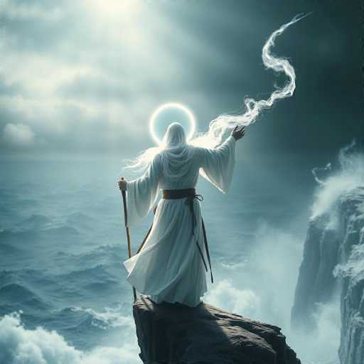 A person dressed in white robes stands on a cliff overlooking the ocean, holding a staff and surrounded by clouds.