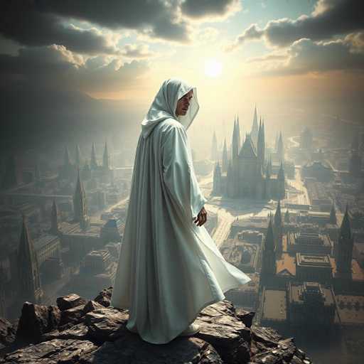 In this captivating image, a man stands atop a rocky cliff, gazing contemplatively to the right. He is dressed in a flowing white robe that billows gently in the breeze, with the hood draped over his head. His face is partially obscured, revealing only his nose, mouth, and chin, while his eyes remain hidden in shadow. The man's right hand is visible, hanging loosely at his side. Below him, the cityscape unfolds, dominated by a grand cathedral with numerous spires and a prominent central spire. The city is a mix of tall buildings and shorter structures, all bathed in the warm, golden light of the setting sun. The sky is a blend of blue and gray, with clouds tinged in orange and yellow hues, adding to the serene yet dramatic atmosphere. The overall scene exudes a sense of tranquility and introspection, as the man stands amidst the timeless beauty of the landscape.